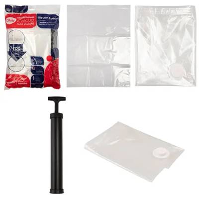 KIT 5 Saco A Vácuo PET e Pé 60 cm x 80 cm e 1 Bomba A Vácuo Plástico PP e Metal 43 cm x 28,5 cm x 7 cm